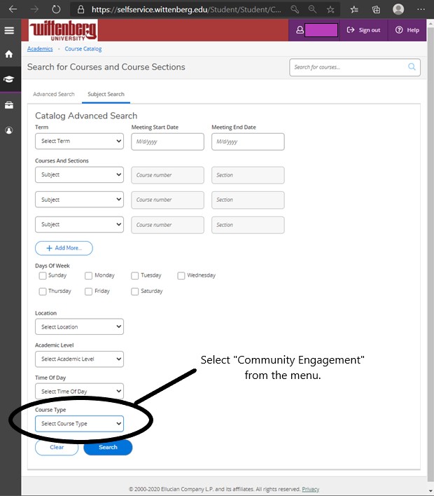 Picture of self service showing that you can find community engagement course by selecting community engagement under the course type menu