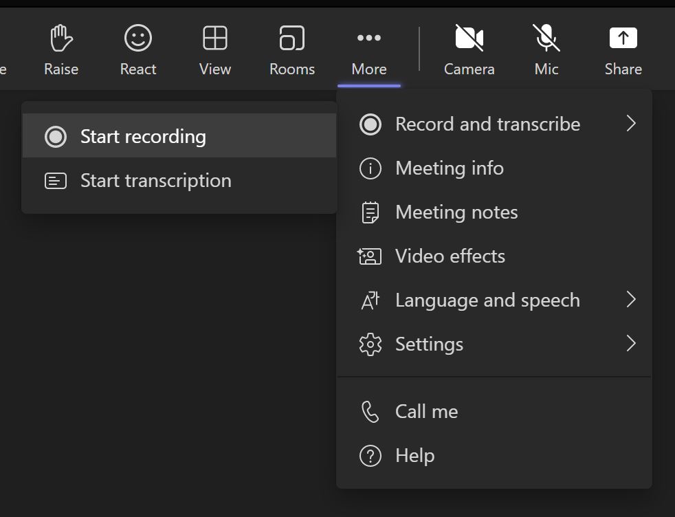 meeting start recording menu option