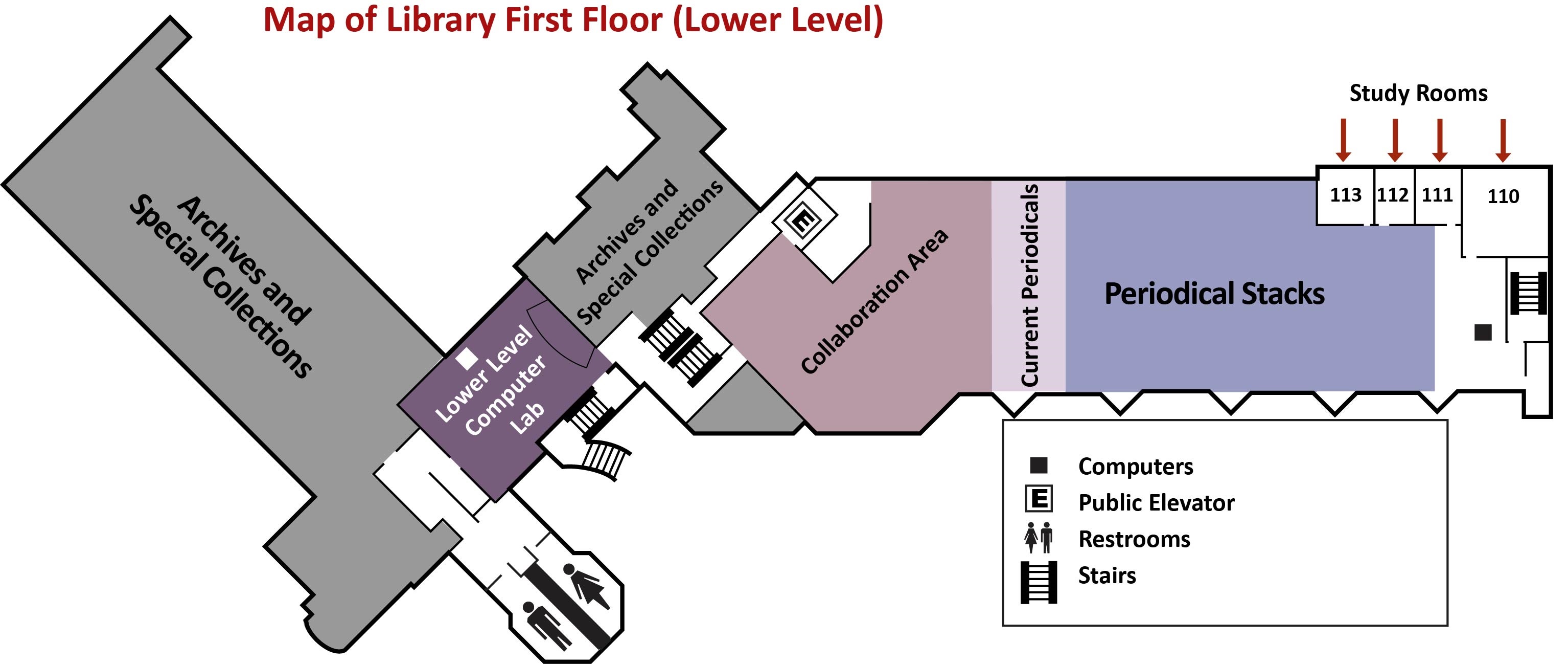 Map of the first floor of Thomas Library. Library periodicals and study space.