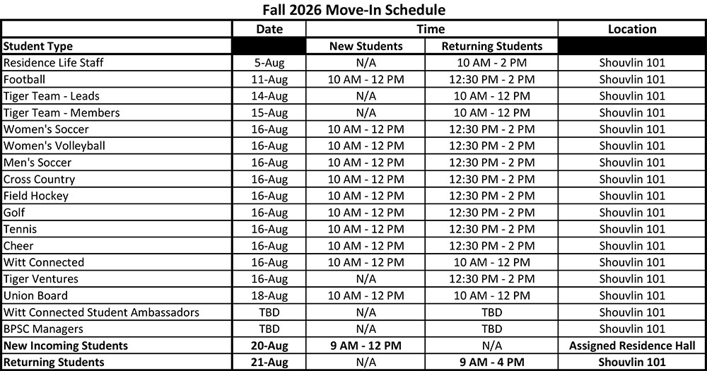 Fall 2026 Move In Schedule