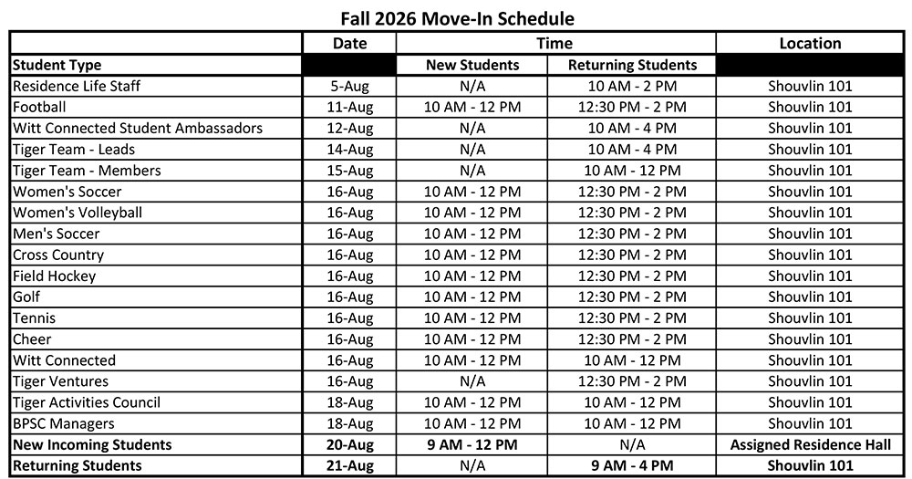 Fall 2026 Move In Schedule