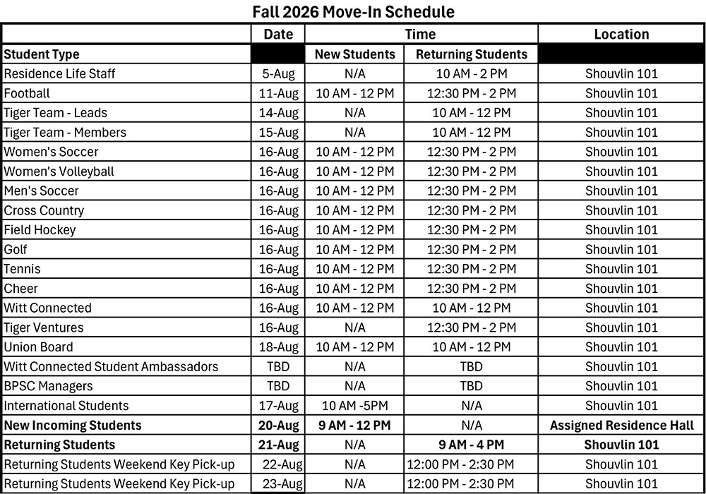 Fall 2026 Move In Schedule