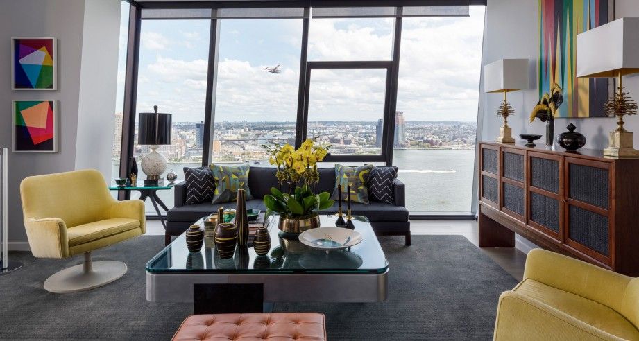 Living room with view of East River.
