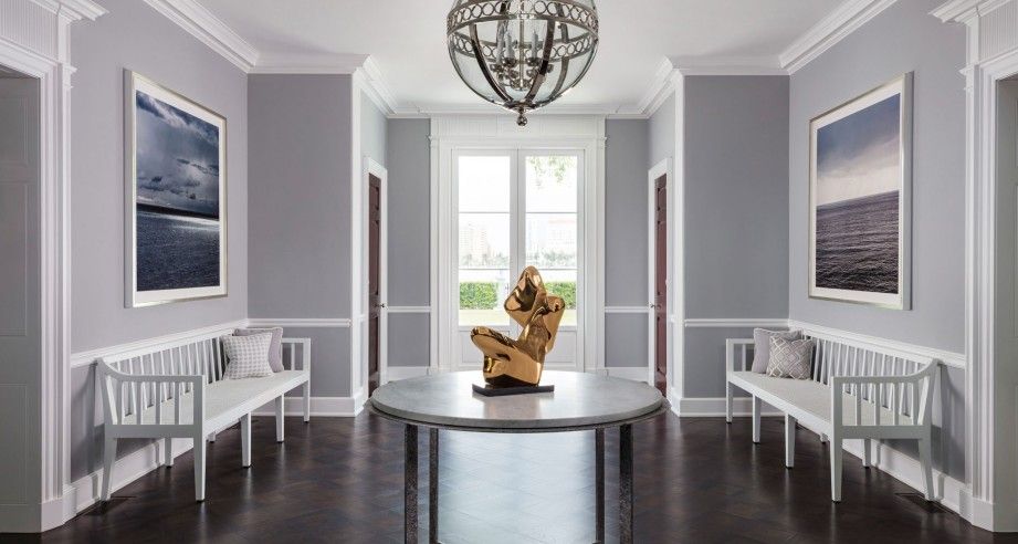 Stair hall in Crisp greys and whites.