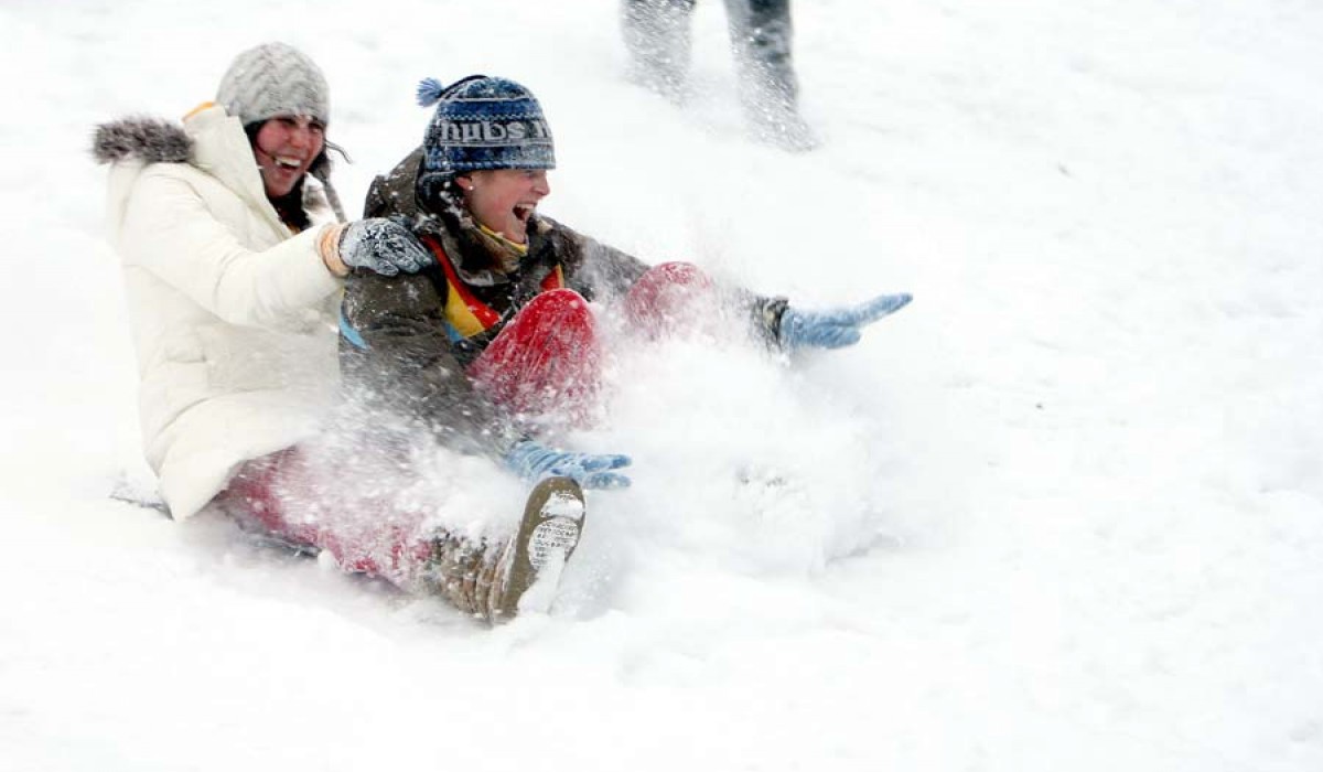 students sledding in Myers Hollow