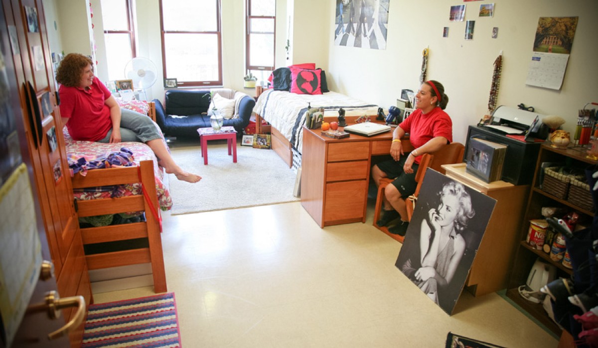 New Residence Hall furnished room with two students