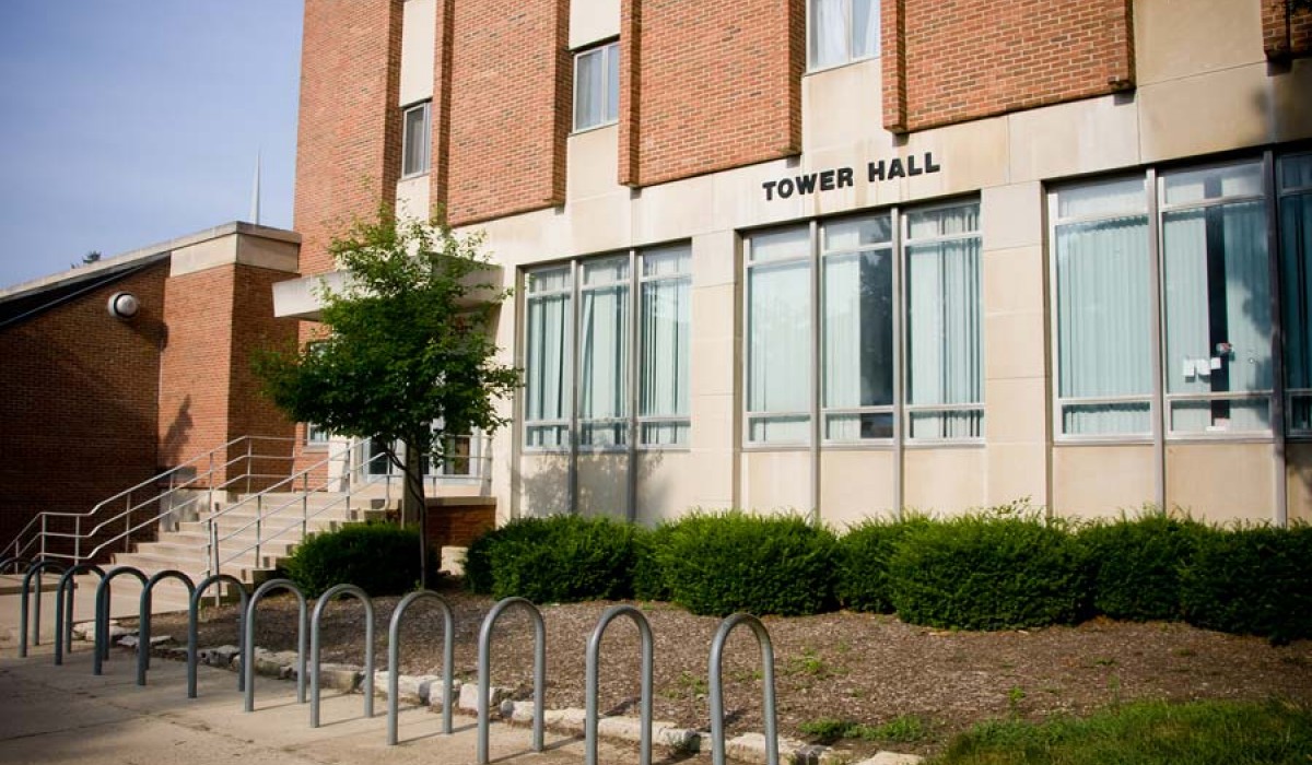 Tower Hall front doors and bicycle rack
