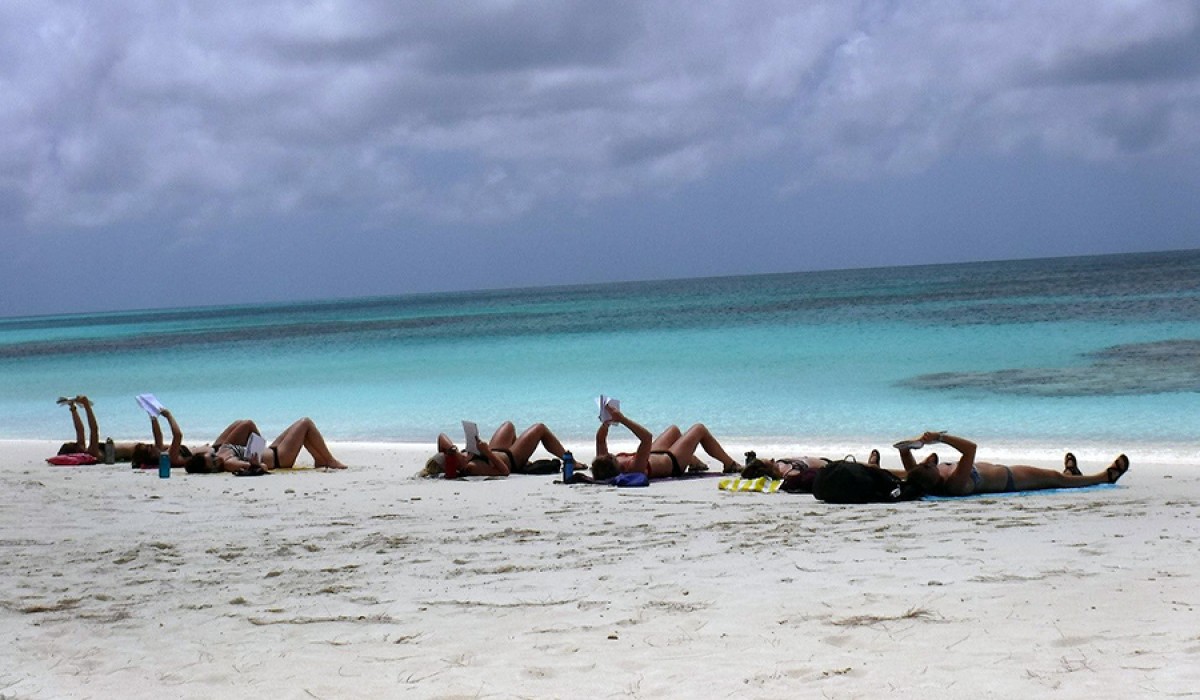 Students relaxing at the beach, studying for our exam