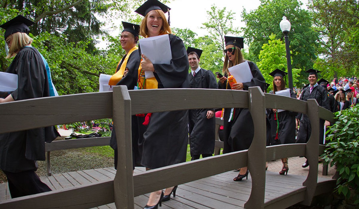 Graduates walking on kissing bridge