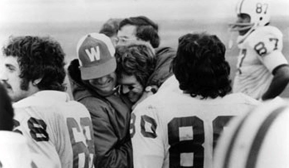 Head Coach Dave Maurer celebrates a big win during the 1973 Wittenberg football season.