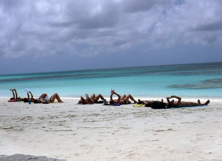 Students relaxing at the beach, studying for our exam