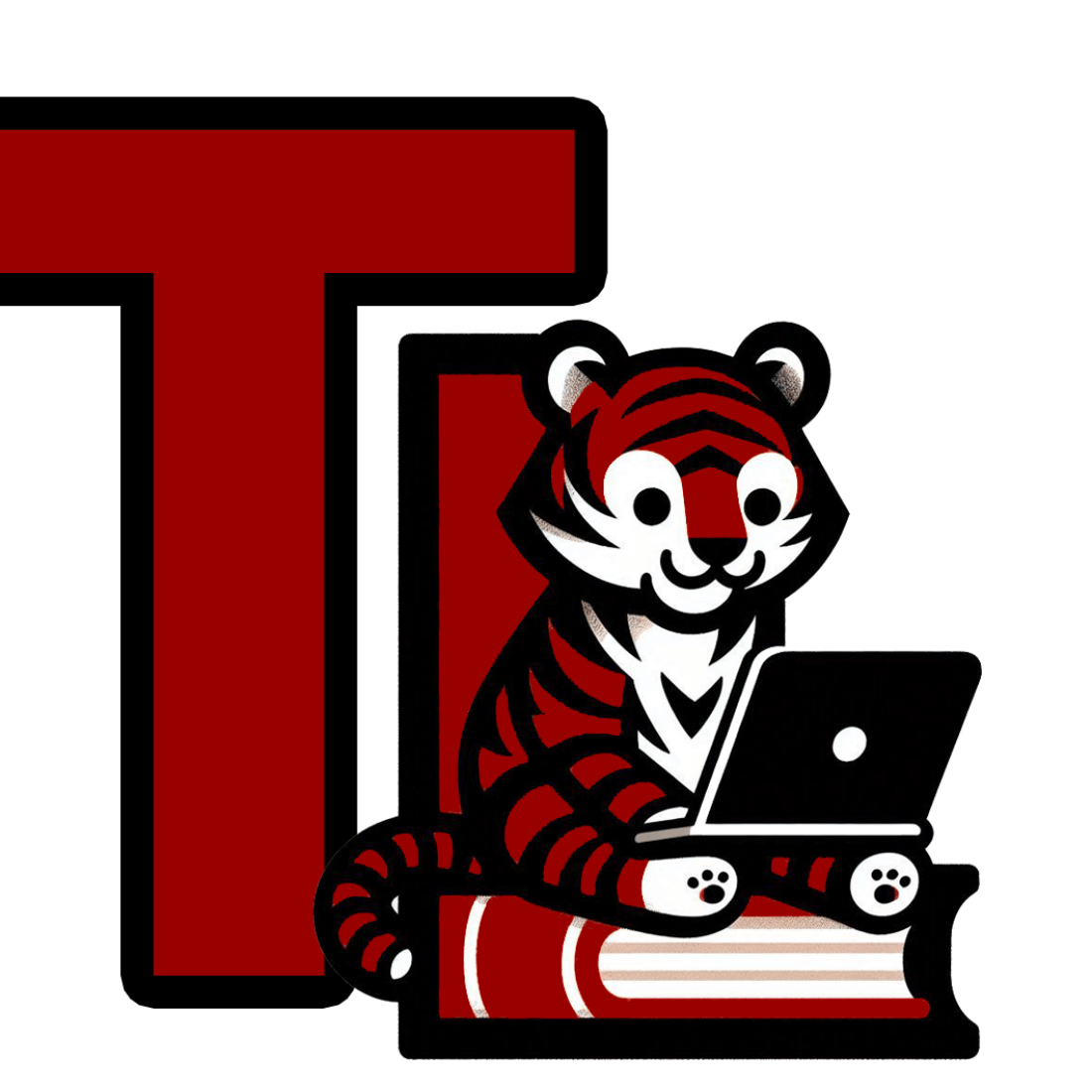 Thomas Library logo which shows a tiger with a laptop sitting on a book